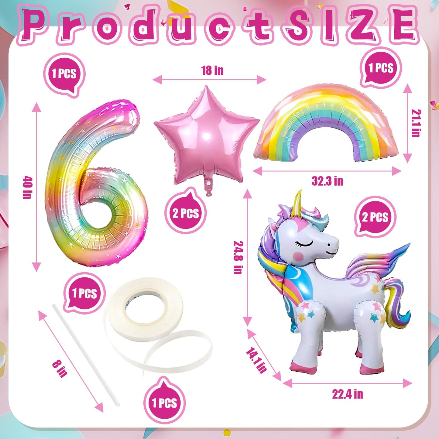 Self Standing Unicorn Balloons, 6PCS Unicorn Kids 6th Birthday Party Decor