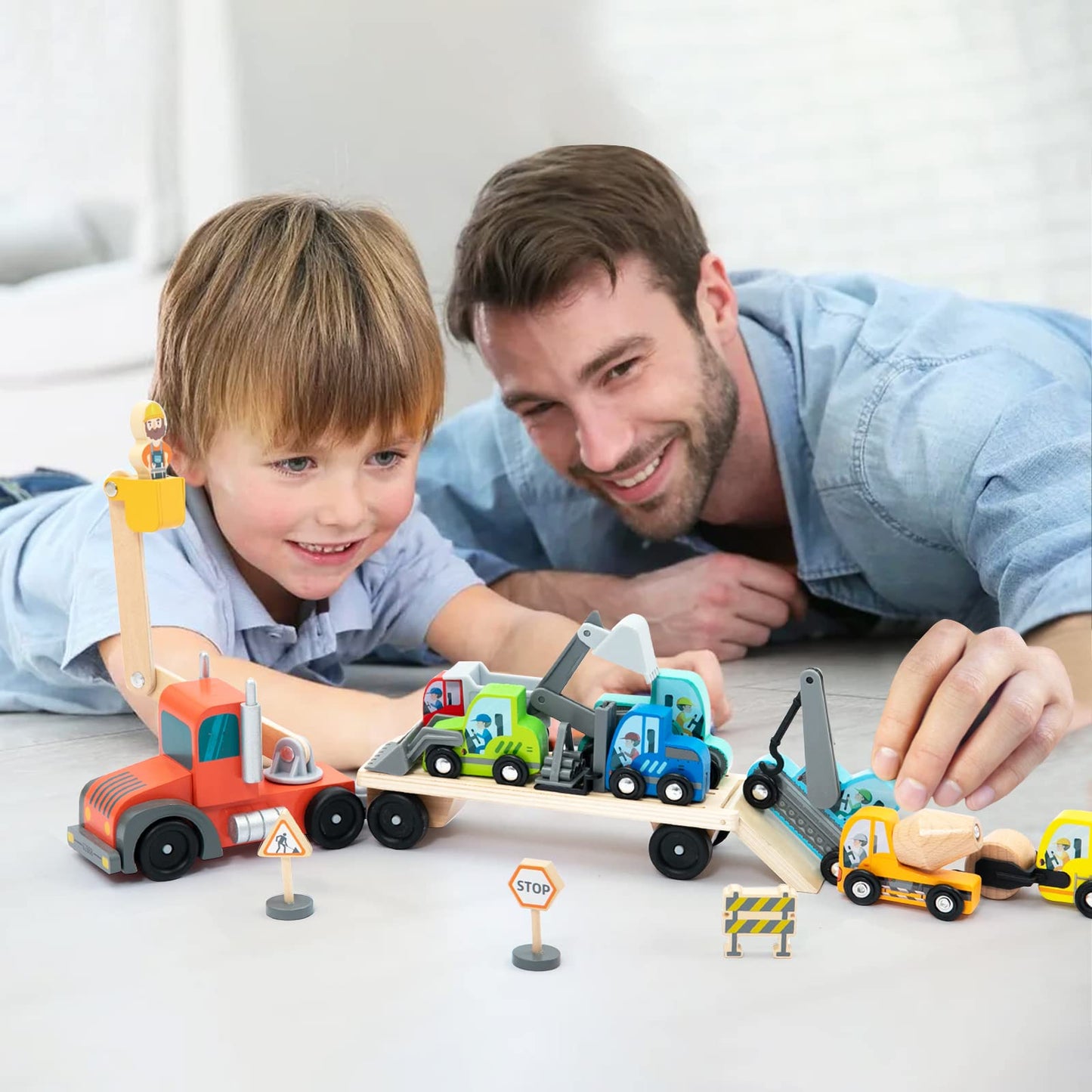 Wooden Construction Site Vehicles with Trailer 14 PCS Set, Vehicle Toys Cars for Toddlers and Kids Ages 3+ Gifts for Boys Girls, Compatible