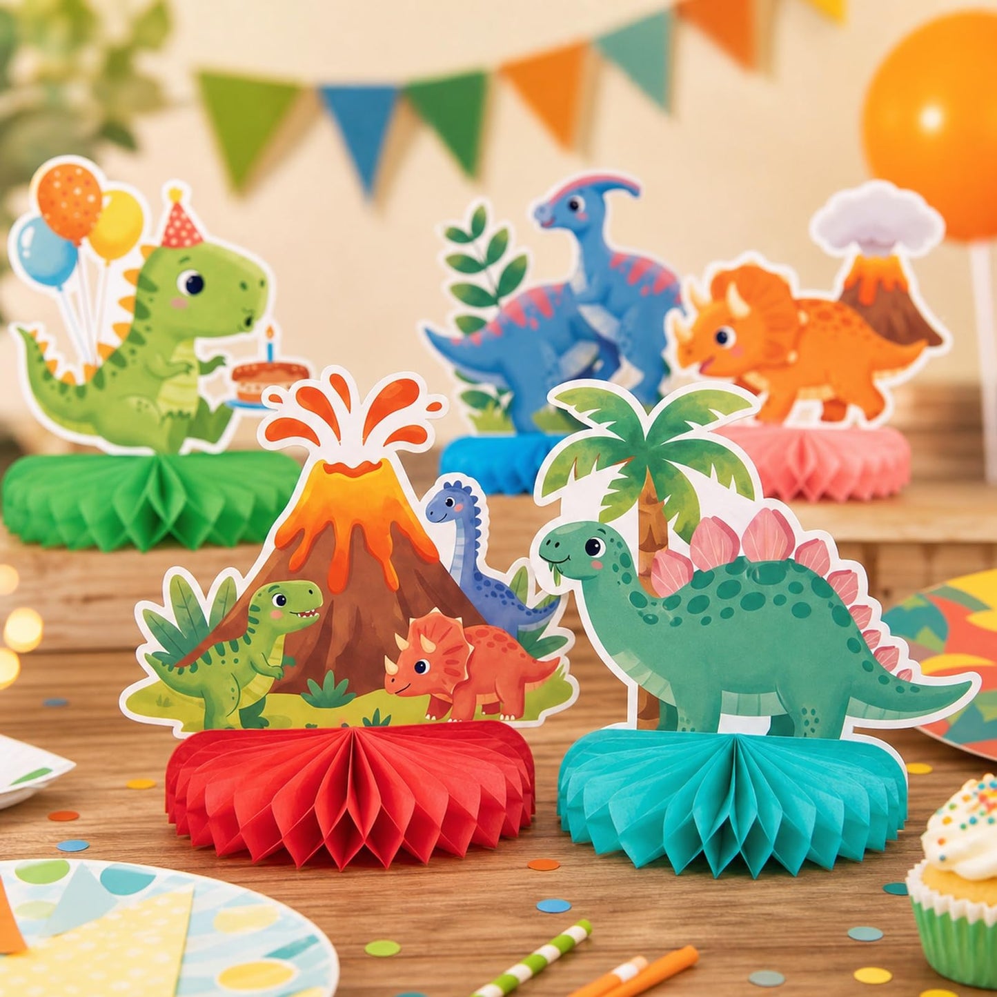 9 PCS Dinosaur Birthday Party Decorations Set with 3D Honeycomb Centerpiece and Balloons, Prehistoric Themed Table Decor for Adults, Dino Party