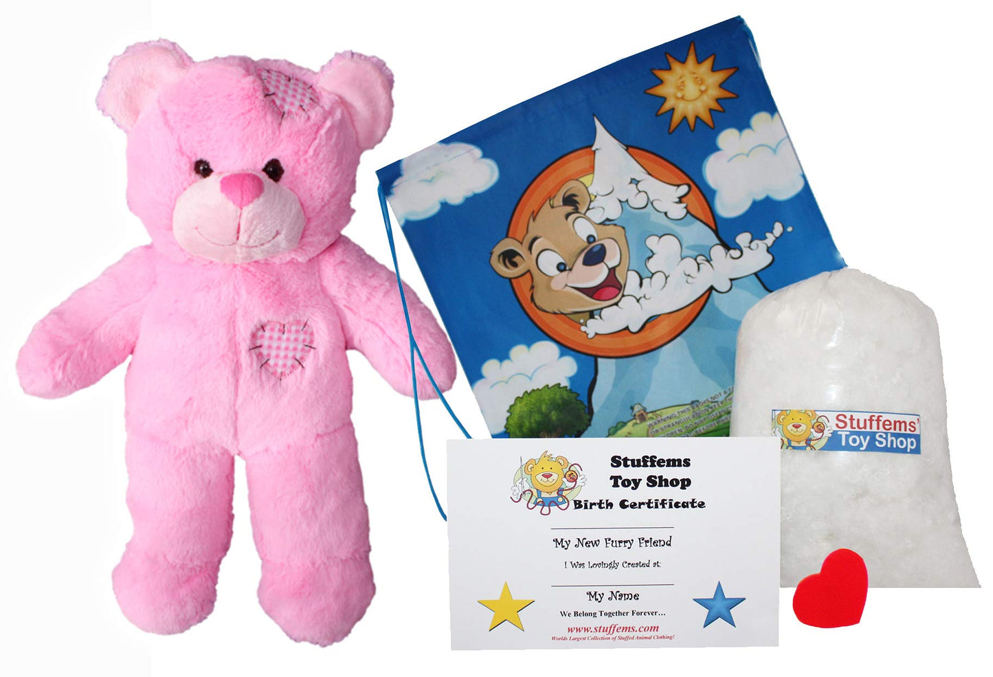 Stuffems Toy Shop Make Your Own Stuffed Animal 16" "Pink Patches Bear - No Sew - Kit with Cute Backpack!
