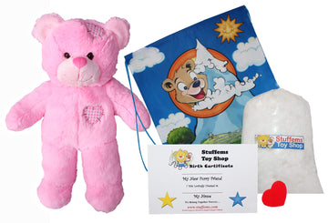 Stuffems Toy Shop Make Your Own Stuffed Animal 16" "Pink Patches Bear - No Sew - Kit with Cute Backpack!