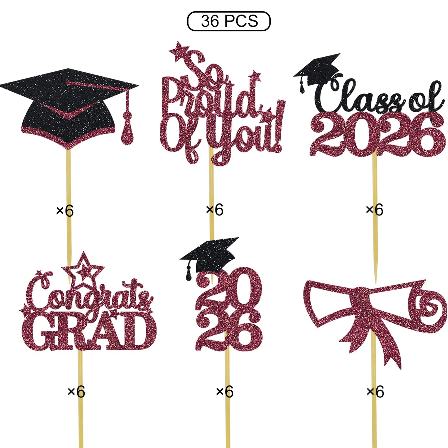 Maroon Graduation Cupcake Toppers 36PCS Glitter Proud Of You Food Picks Congrats Grad Party Table Ideas