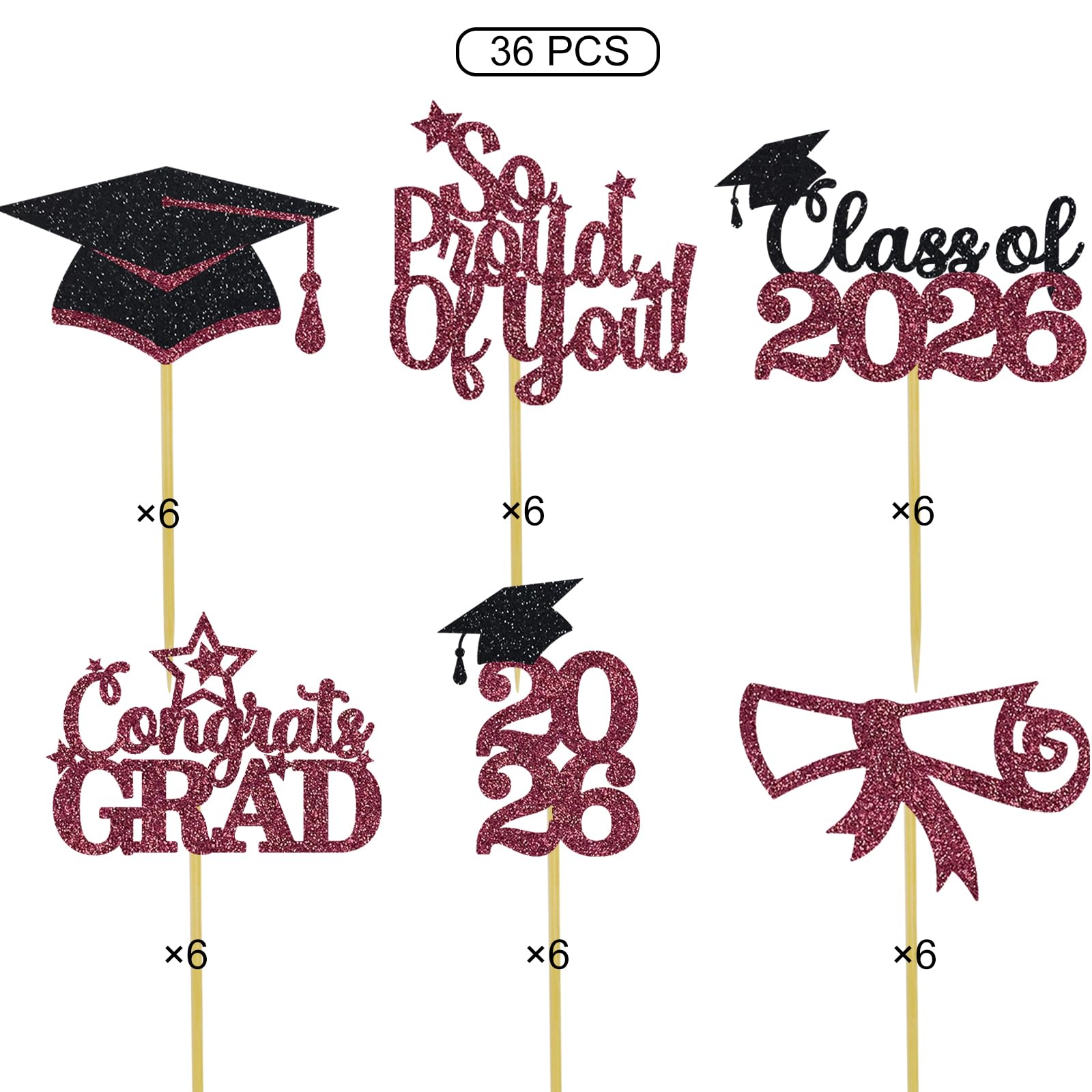 Maroon Graduation Cupcake Toppers 36PCS Glitter Proud Of You Food Picks Congrats Grad Party Table Ideas