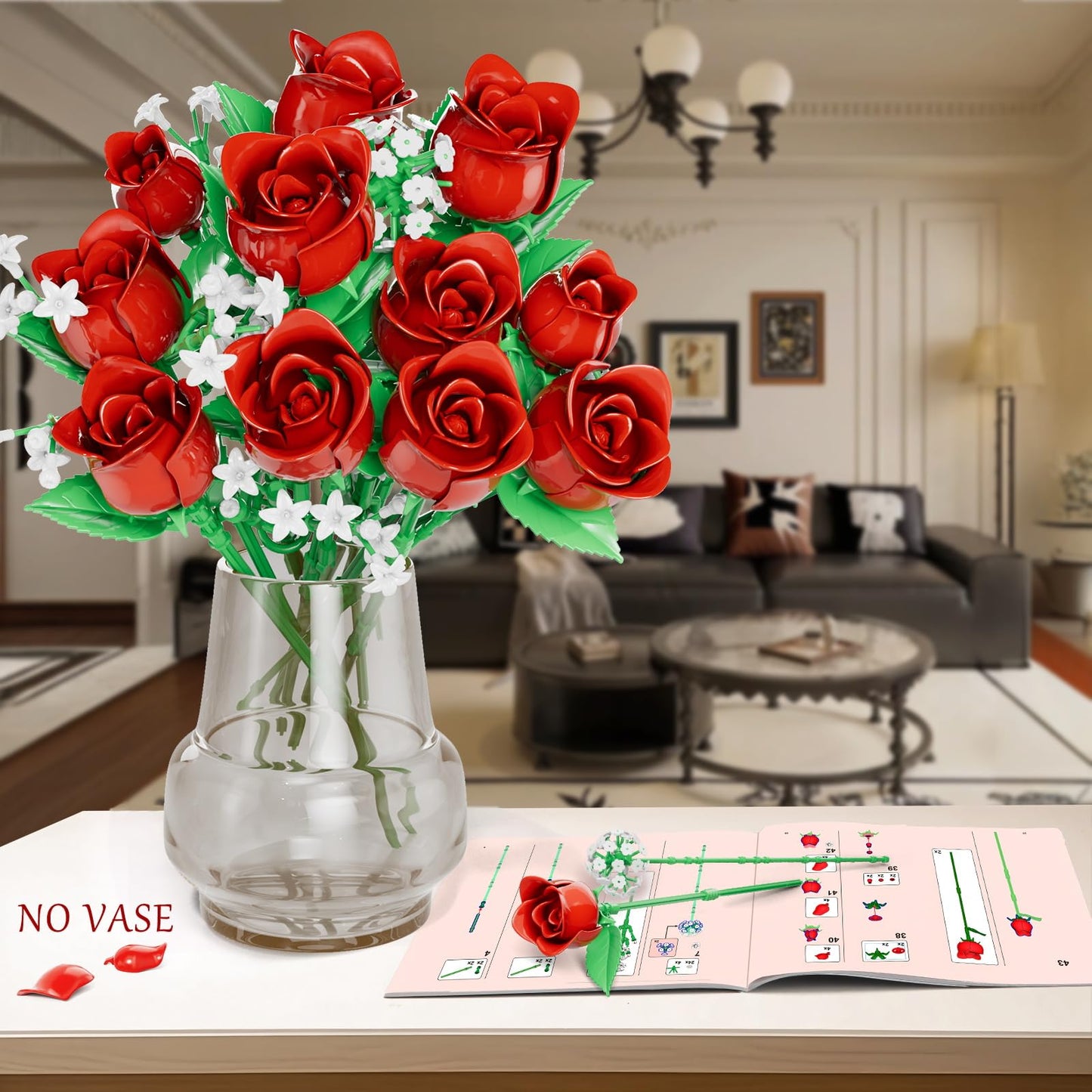 eafzv Roses Flower Bouquet Kit, Red Rose Building Flower Bouquet Kit for Adults & Kids, DIY Artificial Flowers Set for Home Decor, Botanical