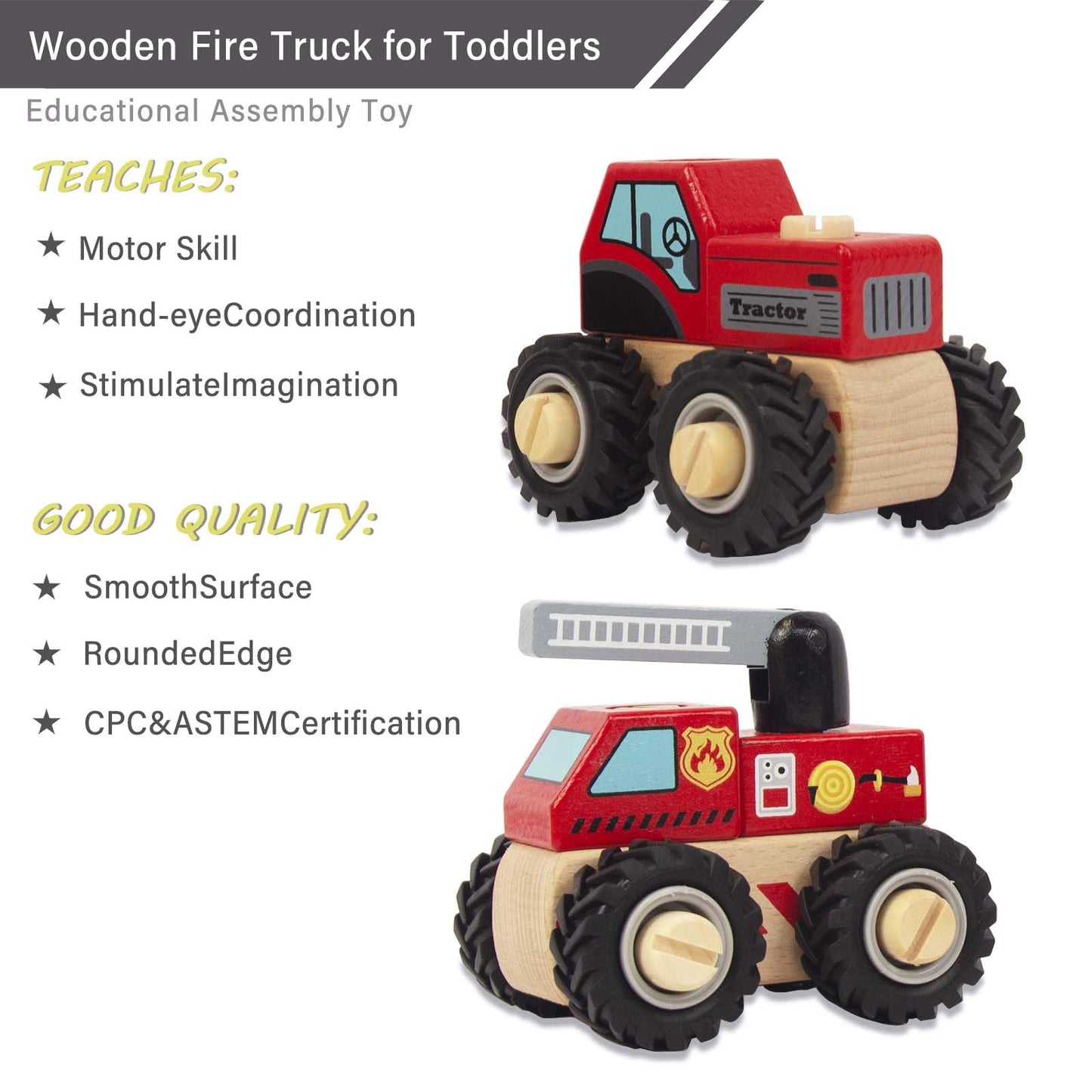 WoodenEdu Construction Vehicles for Toddlers, 2 Pcs Wooden Detachable Assemble Cranes and Tractor, Kids Vehicle Toys Hand Push Car Toys for 3 Years