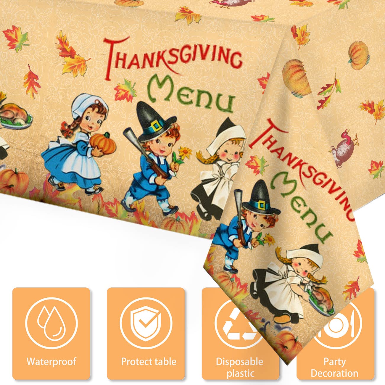 3 PCS Thanksgiving Fall Tablecloth Vintage Autumn Pumpkin Maple Leaves Disposable Plastic Thanksgiving Table Cover for Fall Harvest Party Supplies