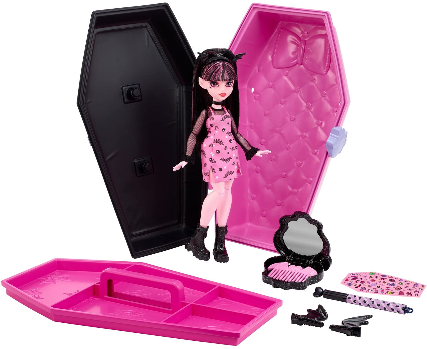 Monster High Draculaura Doll & Accessories, Gore-ganizer Beauty Kit with Bat Clips, Comb & Mirror, Customizable with Stamp Pen & Stickers