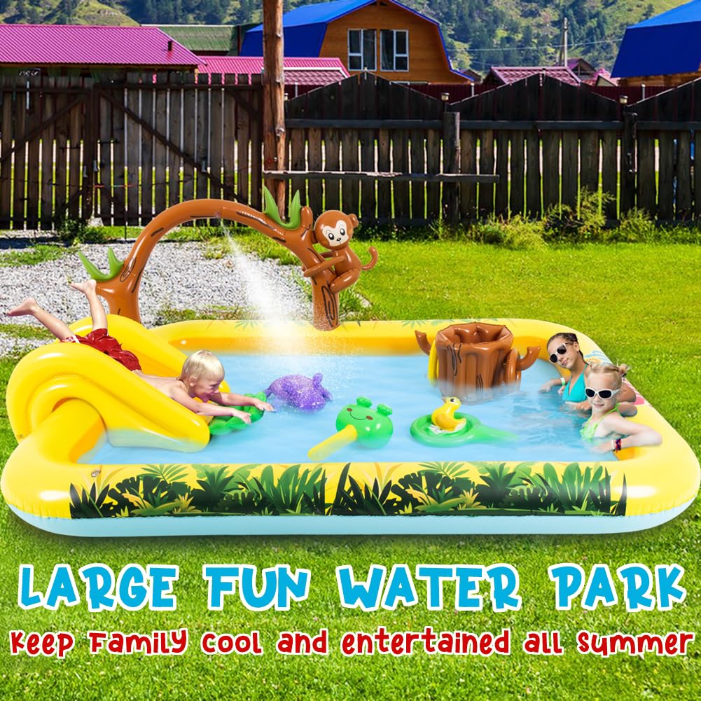 Inflatable Jungle Animal Play Center Outdoor Playhouse Inflatable Water Park with Kid Pool Slide, Sprinkler Toy with Base Pool, Monkey, Tree Stump