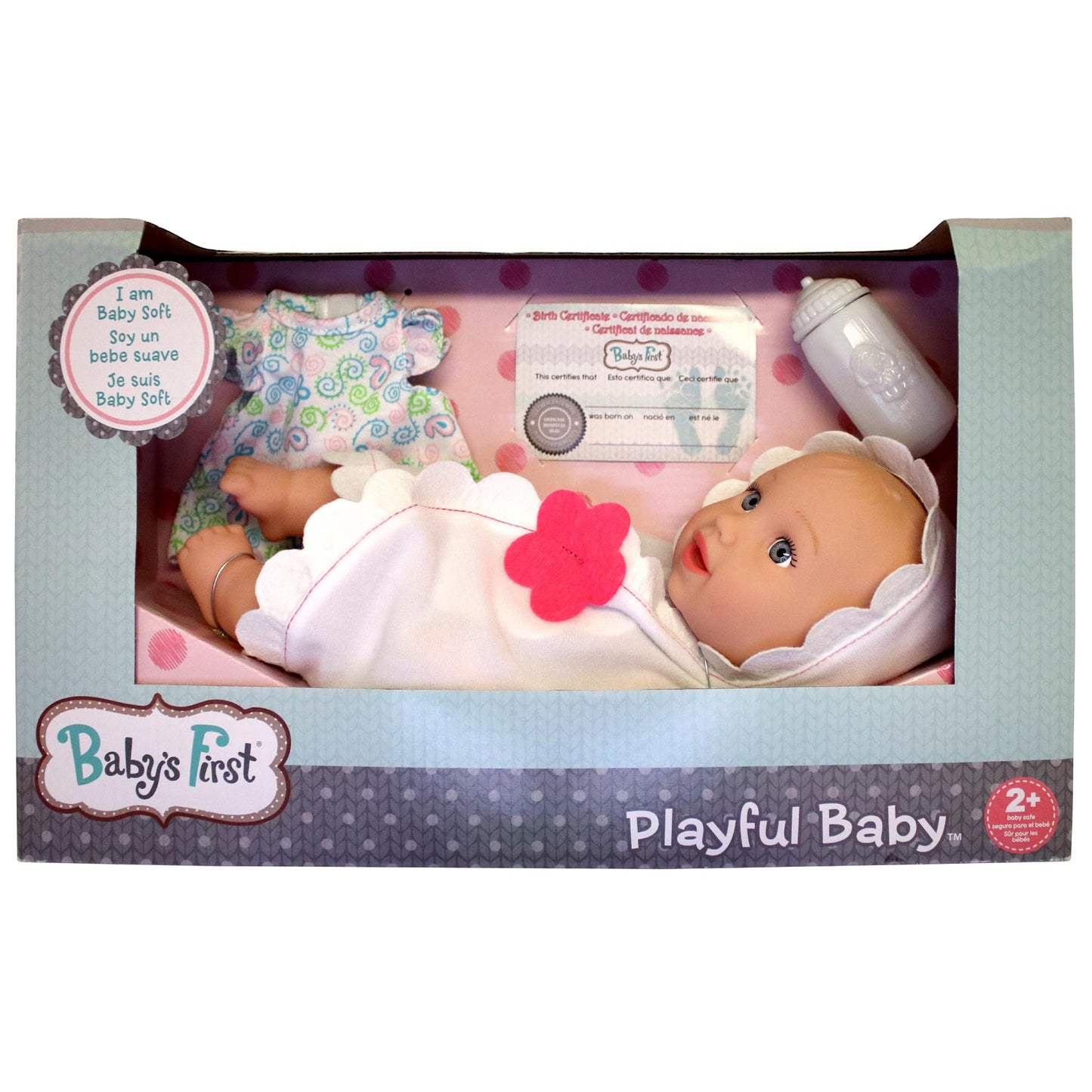 Goldberger Baby's First: 13" Skin-So-Soft Playful Bathtime Baby Softina - White Bath Blanket with Pink Flower - Bath Time Doll, 4 Accessories Pieces
