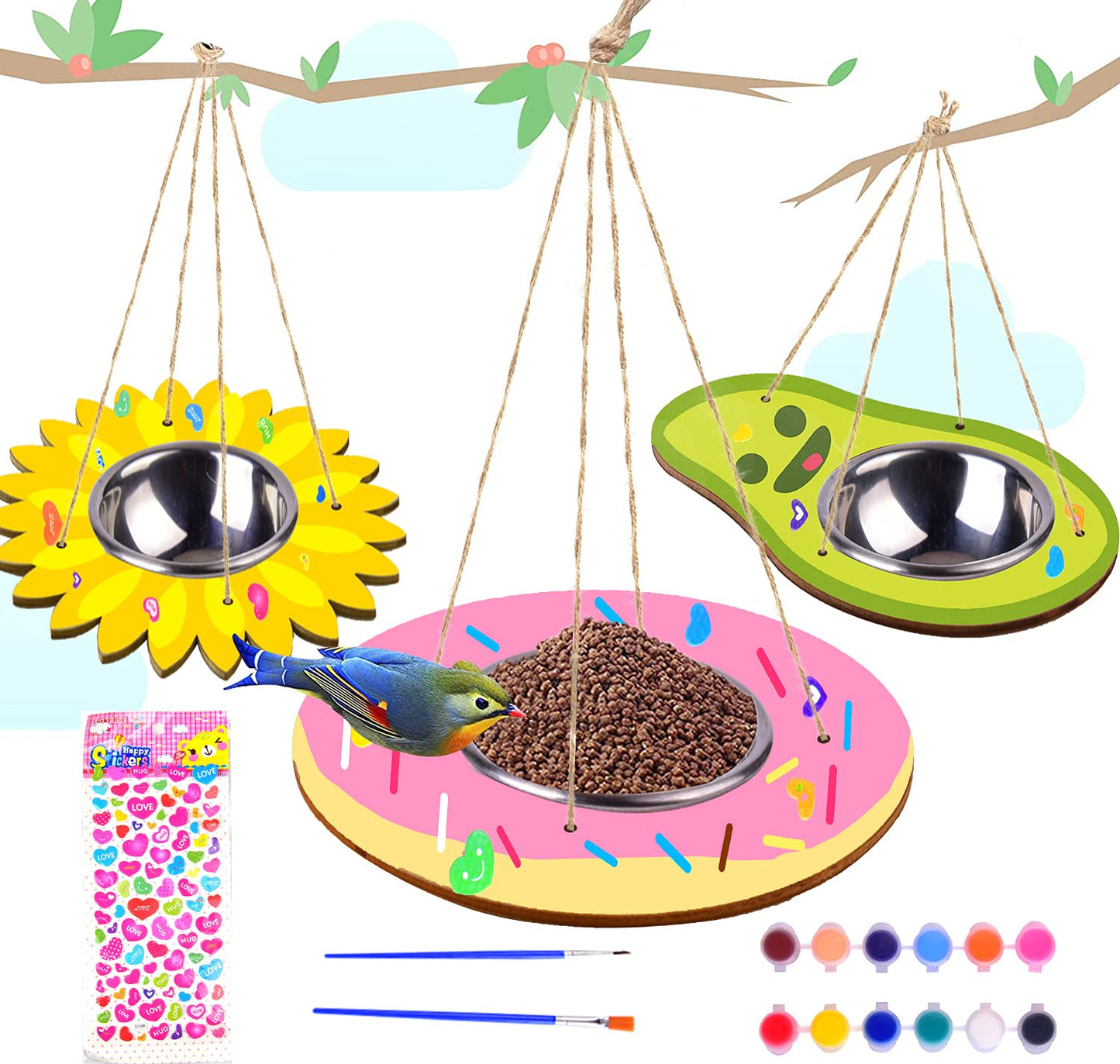 Kids Arts and Crafts Bird Feeders for Outside, 3 Pack DIY Wooden Paint Kits Outdoor Educational Fun Kids Crafts Hanging Sunflower Donut Avocado Bird