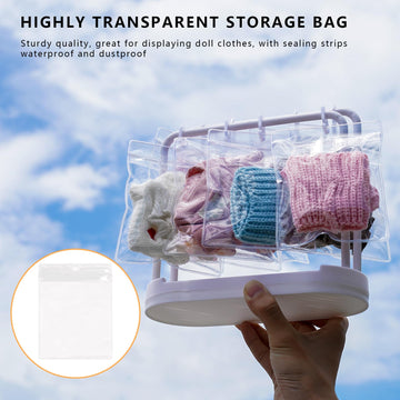 Treayes Doll Clothes Organizer with 20 PVC Clear Bags - Detachable Hanging Rack with Tiered Design & 20 Hooks, Wardrobe Storage for 7 Inch Fashion