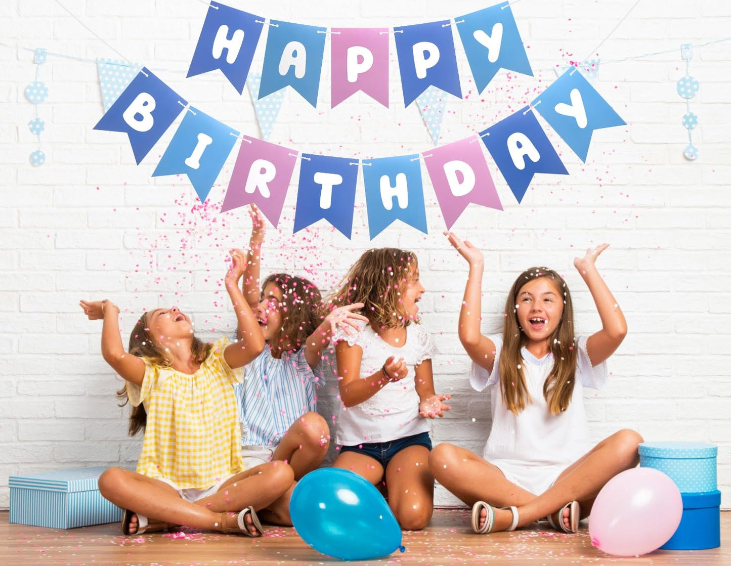 Blue Pink Happy Birthday Banner, Cute Birthday Bunting Decorations for Kids Girls Women Party Supplies