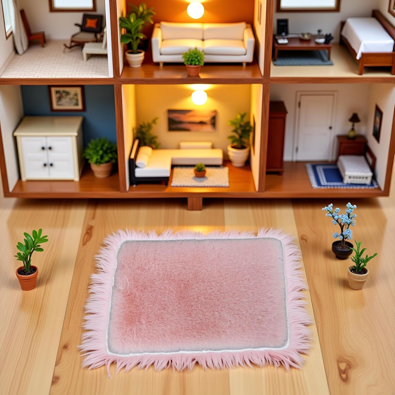 Pink Square Carpet, Miniature Fluffy Rug, Lightweight Dollhouse Decor for 1/12 Scale