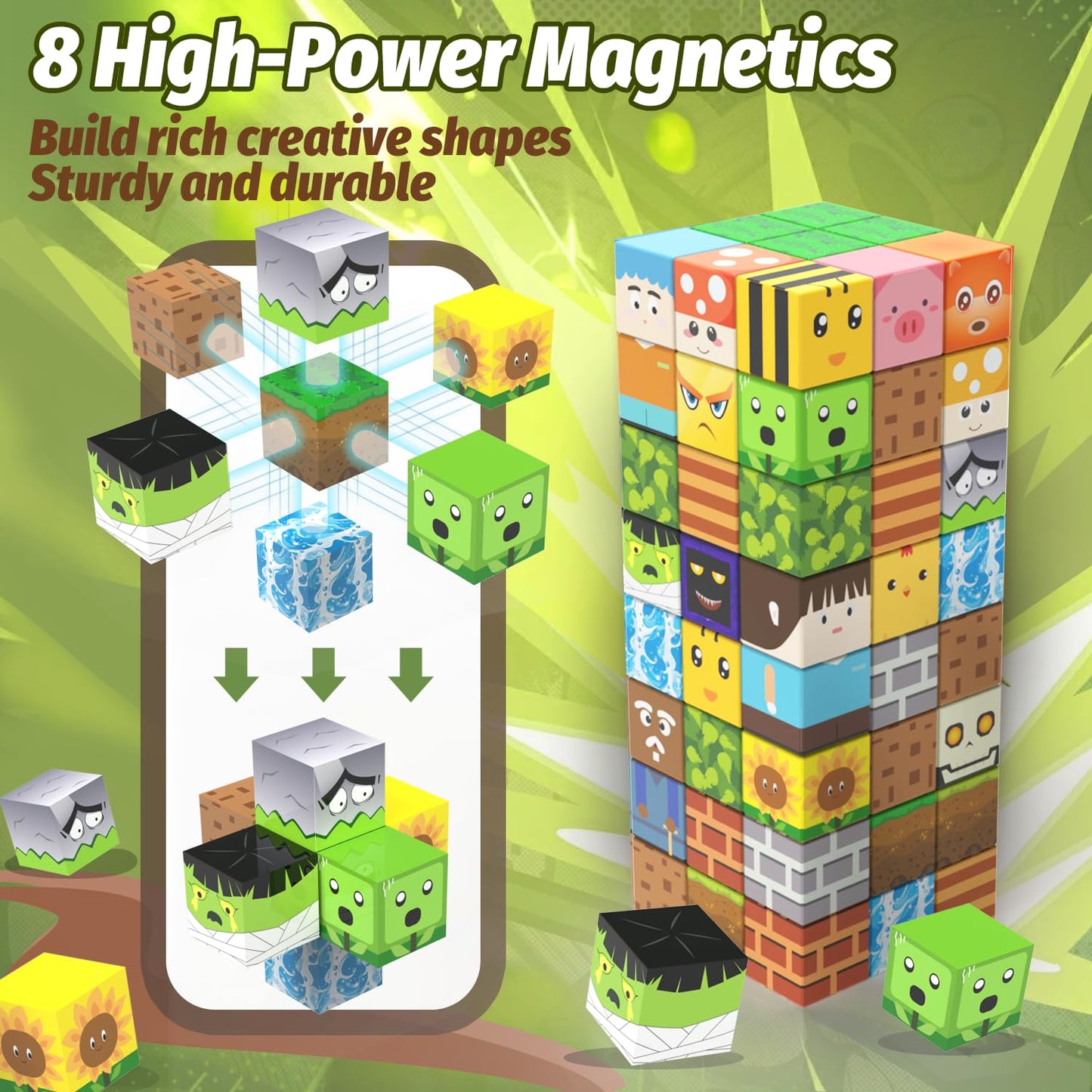CEMECER Magnetic Blocks, 100PCS 1in Zombie Magnetic Building Blocks Toy for Kids Build Cubes, Stacking Magnetic Tiles, Sensory Montessori Construction