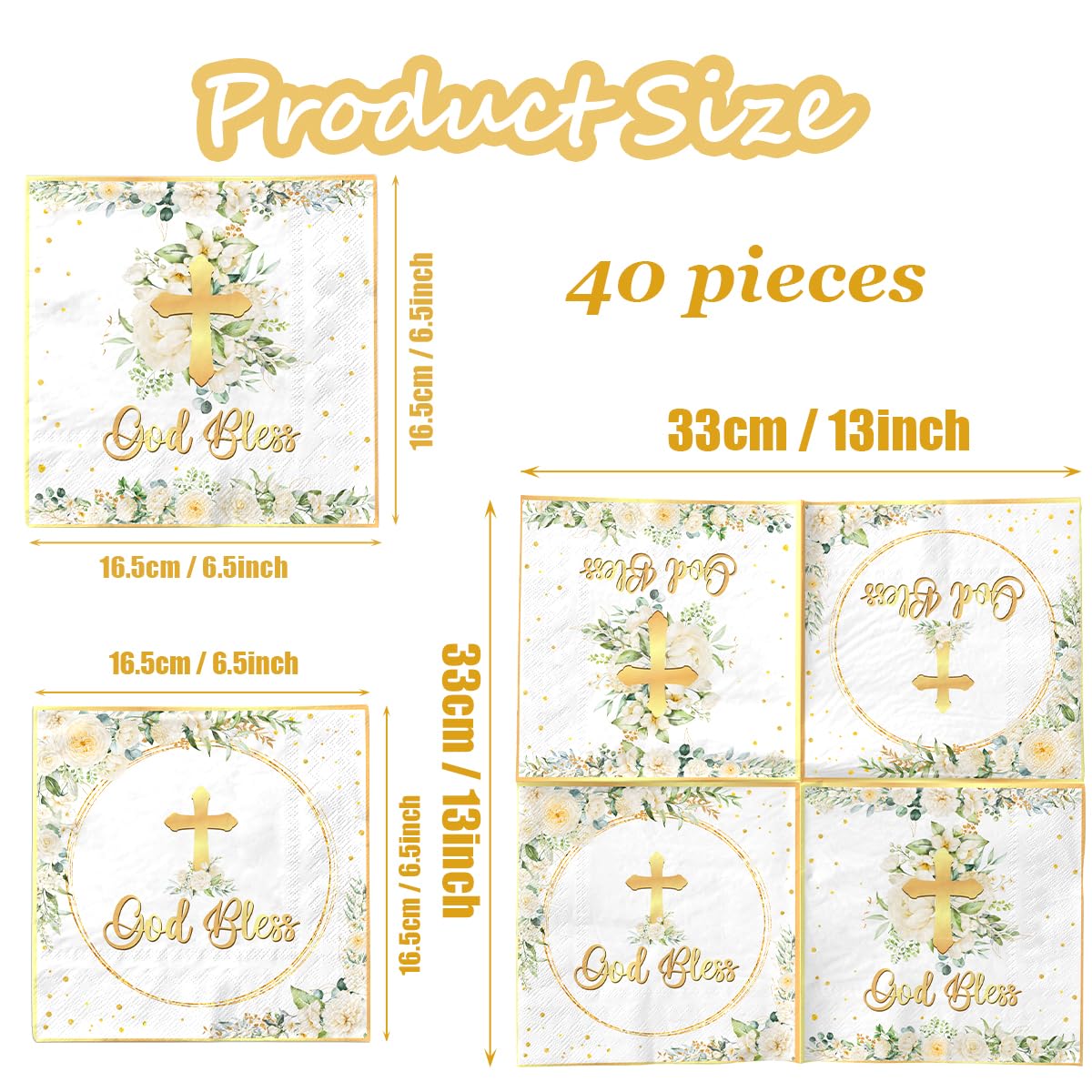 40pcs Floral God Bless Napkins Baptism Decorations for Girl Baptism Paper Napkins Religious Disposable First Communion Holy Christening Party Supplies