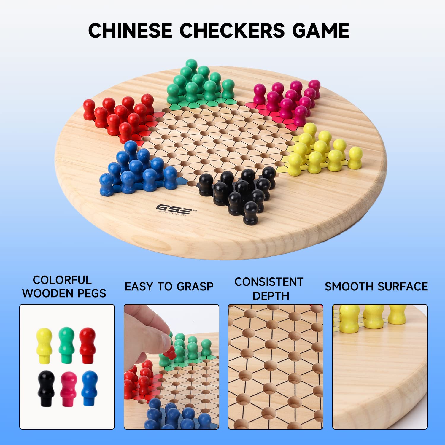GSE Games & Sports Expert 11.5" Natural Wood 2-in-1 Chinese Checkers and Gobang Board Game Set with 66 Colorful Wooden Pegs and Stones, Classic