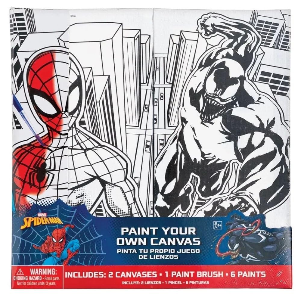 Spider-Man Color Your Own Canvas Kit - 8"x4" Canvases with 1 Paint Brush & 6 Vibrant Paints - The Perfect Creative Gift for Kids and Marvel Fans Alike