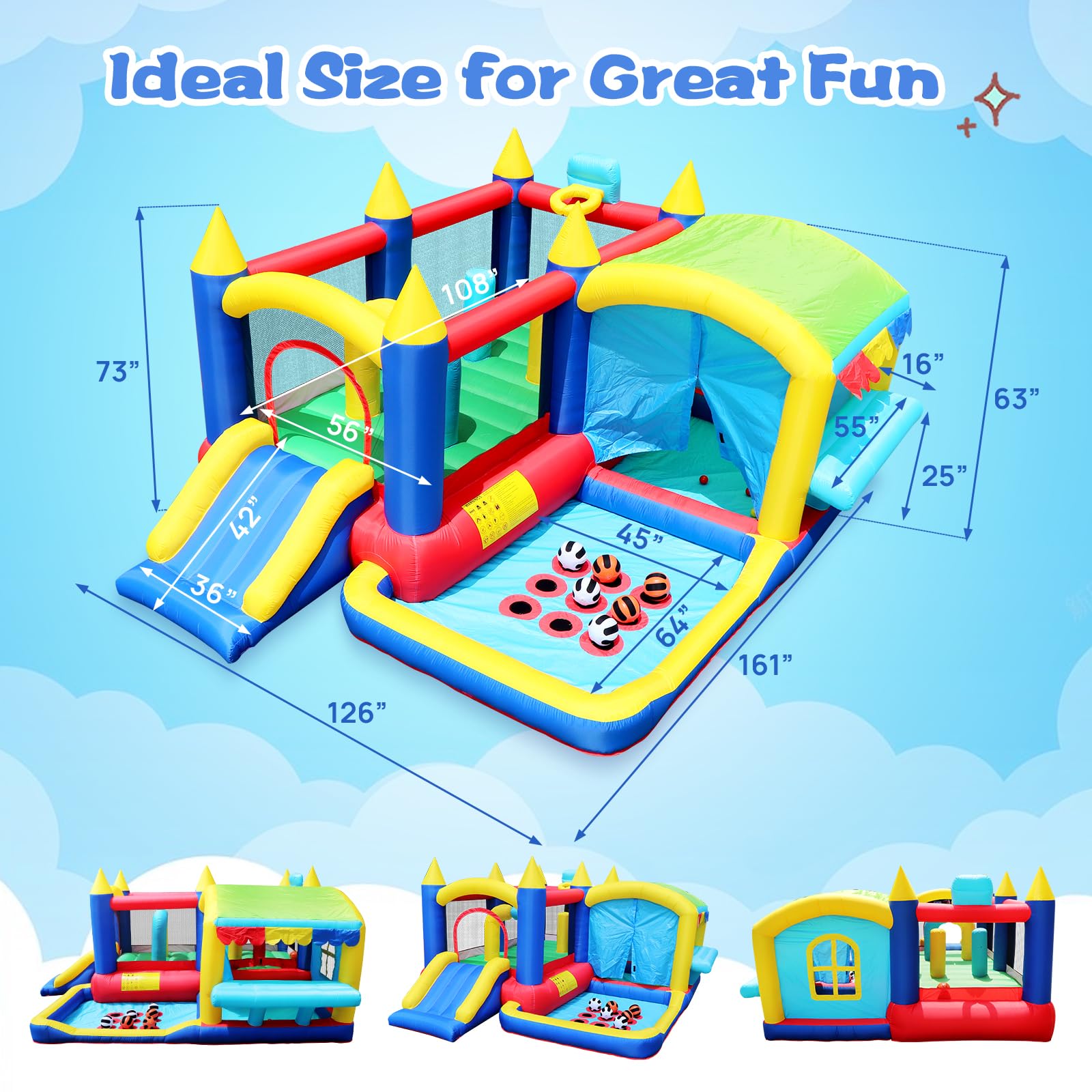 Bestsun Inflatable Bounce House for Kids, Bouncy Castle with Slide, Jumping, Basketball Hoop, Ball Pit, Family Backyard Bouncer, 520W 0.7HP Blower