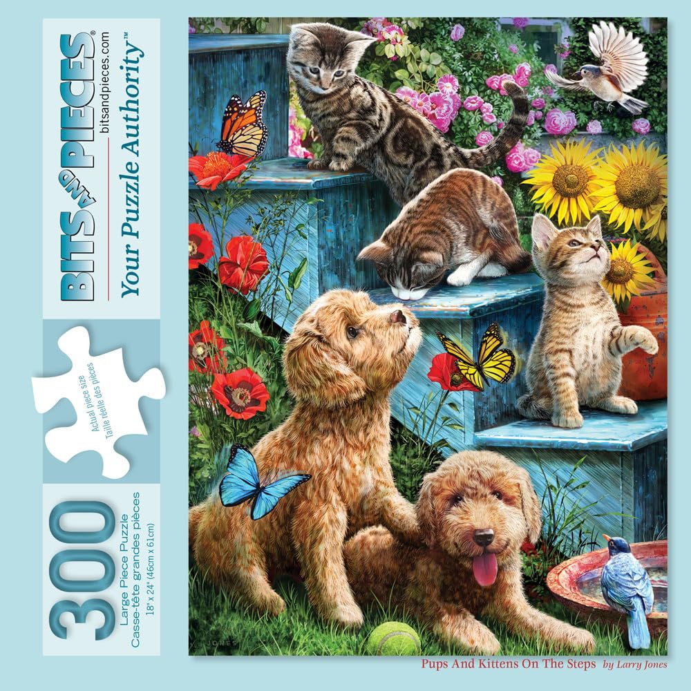 Bits and Pieces Puzzles for Adults - Pups and Kittens On The Steps Jigsaw Puzzle, Fun Puzzles for Adults, Measures 18" x 24" When Complete