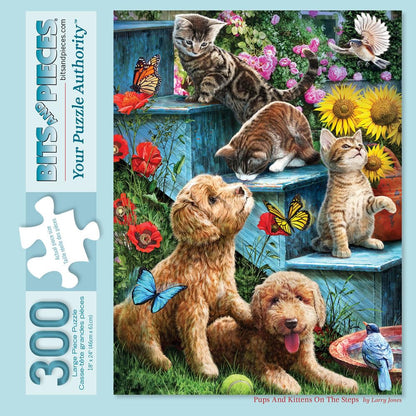 Bits and Pieces Puzzles for Adults - Pups and Kittens On The Steps Jigsaw Puzzle, Fun Puzzles for Adults, Measures 18" x 24" When Complete