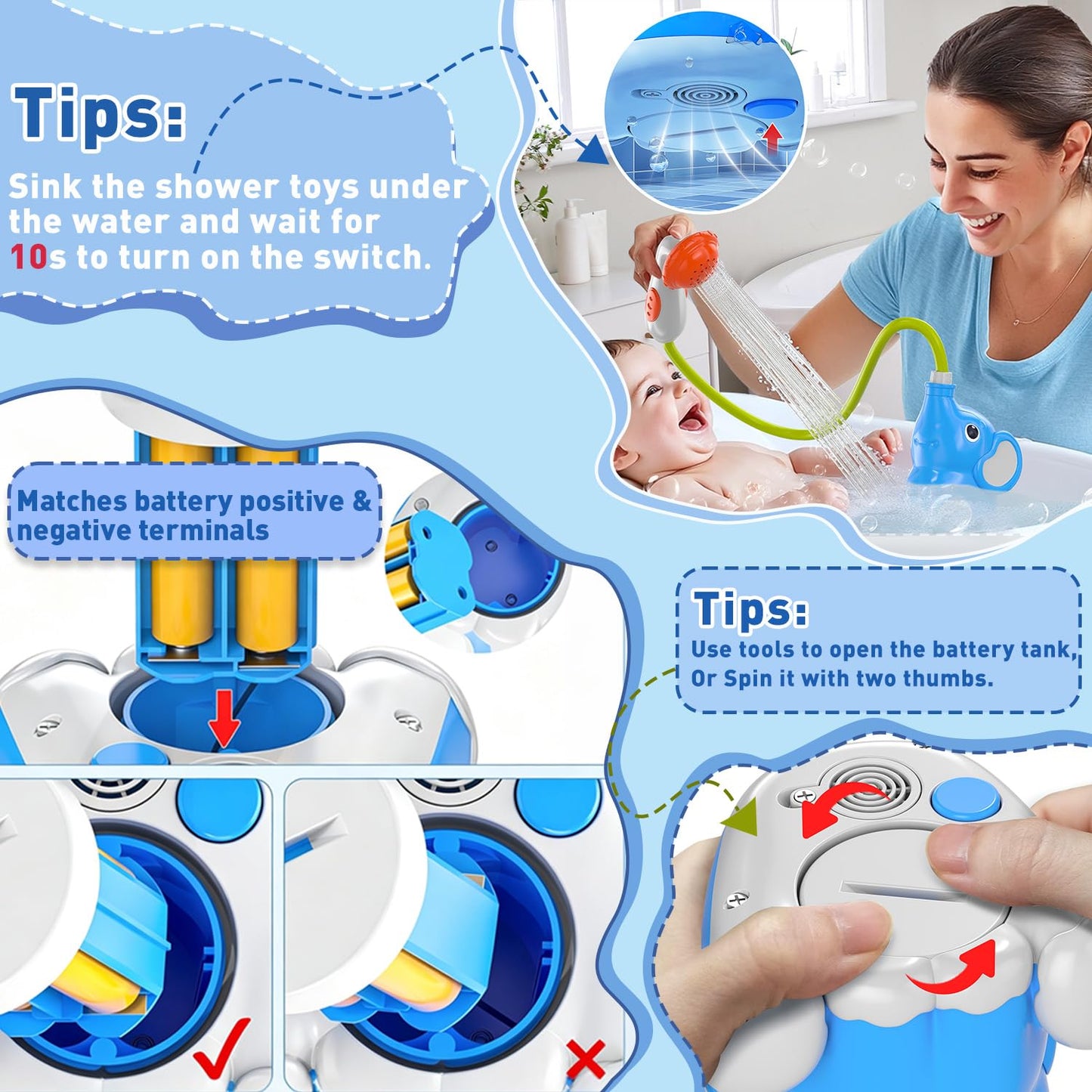 Baby Bath Toy Elephant Shower Head, Battery Operated Water Sprinkler Toy for Toddlers, Interactive Bathtub Toy for Kids Ages 3+, Blue Elephant Water