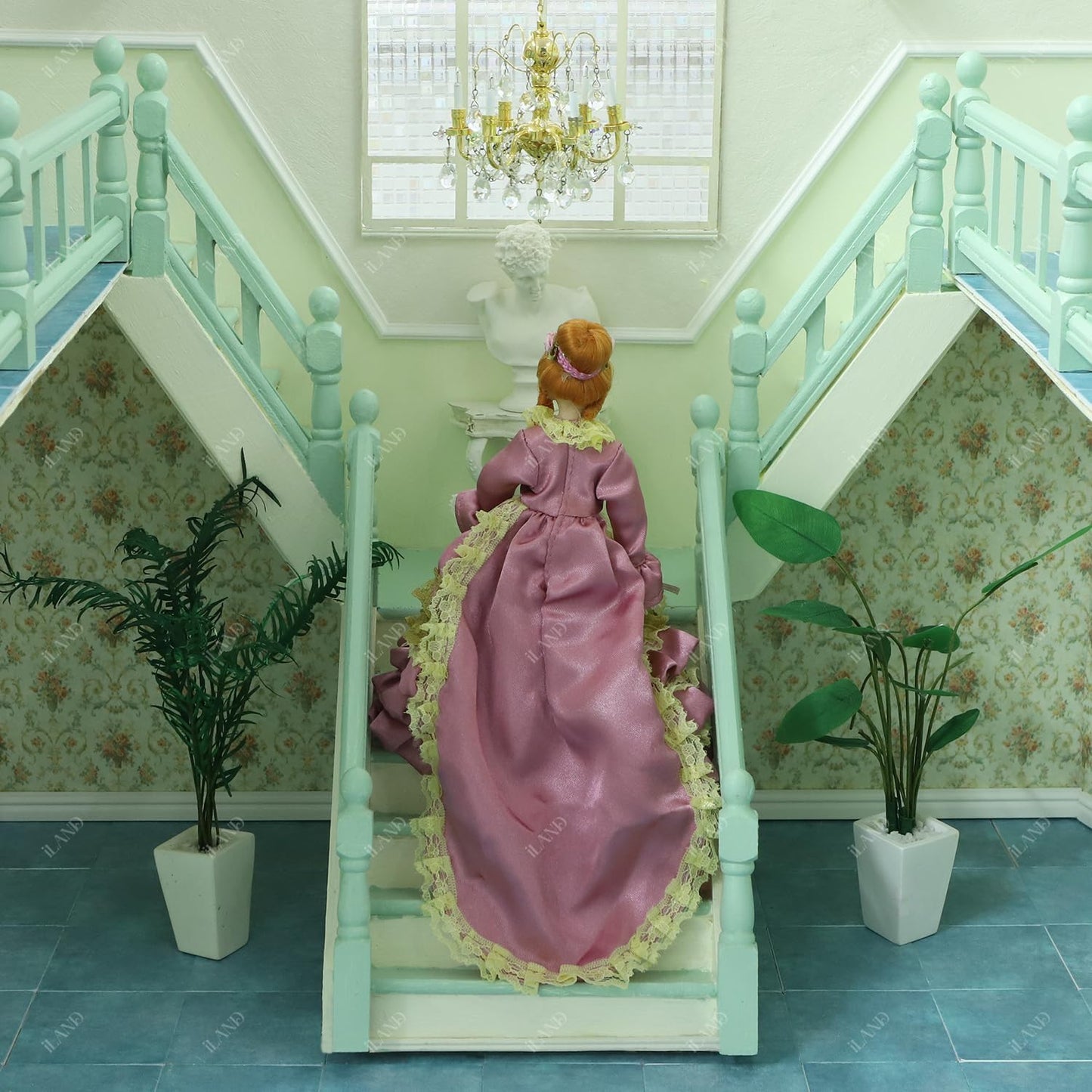 iLAND 1/12 Scale Accessories of Miniature Wooden Dollhouse Staircase with Adjustable Handrails and DIY Railing Complete 2 Stairs Sets for Modern or