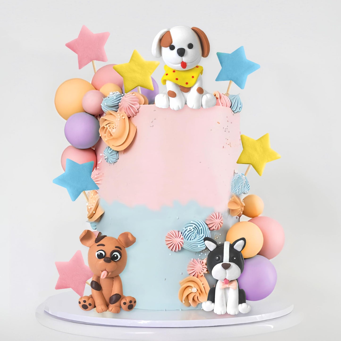 Dog Cake Topper Clay Figurines - Puppy Star Yellow Pink Purple Ball Cake Topper for Dog Theme Birthday Cake Decorations (Style 01)