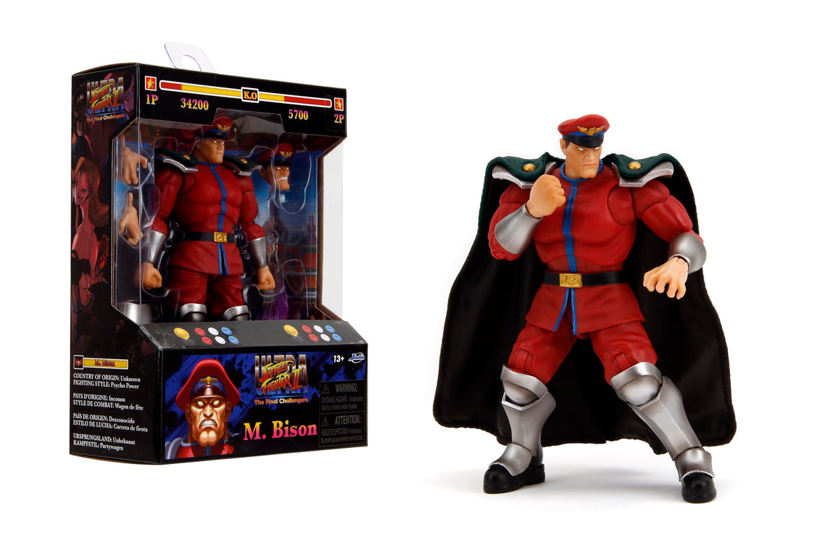 Jada Toys - Street Fighter II M. Bison Action Figure Wave 2 - 1:12 Scale, 6" Tall, Interchangeable Heads, Hands, Purple Fire Accessory