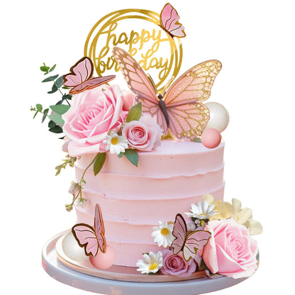 Pink Flower Butterfly Cake Toppers Happy Birthday Decoration with Artificial Pink Rose Flowers Eucalyptus for Birthday Wedding Spring