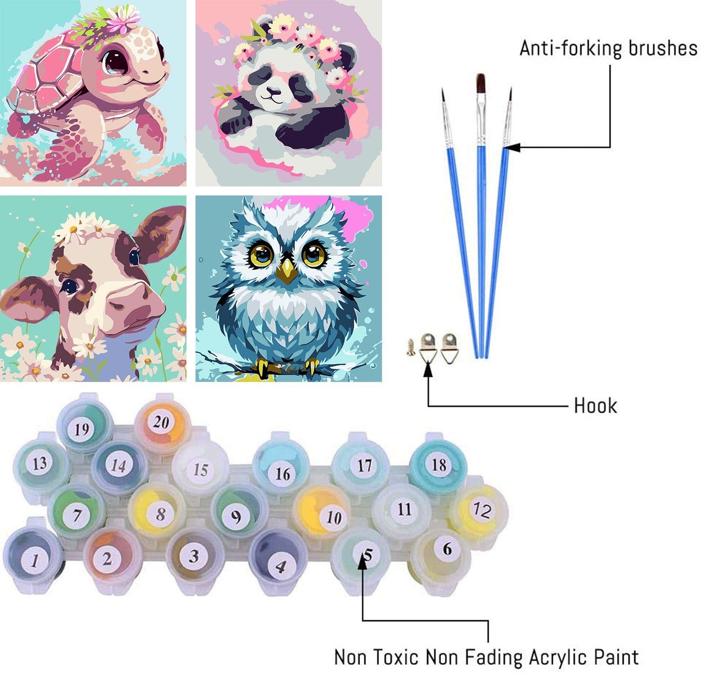 FQOVKYN 4 Pack Paint by Number for Kids, Cute Animals Paint by Numbers Kit for Adults Beginner, Easy Acrylic Watercolor Paint by Numbers Canvas Arts