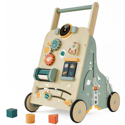 MILEFUN Adjustable Wooden Baby Walker - Montessori Push Toy for 1 Year Old with Rocket-Themed Activity Center, Sit-to-Stand Walker Gift for Boys