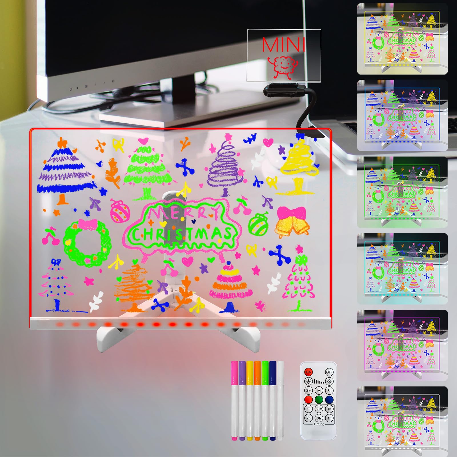 Laysinly Acrylic Dry Erase Board with Light up Stand, 11.81" x 7.87" Clear White Board to do List memo Plan, led Note Board with 7 Colors Change,USB