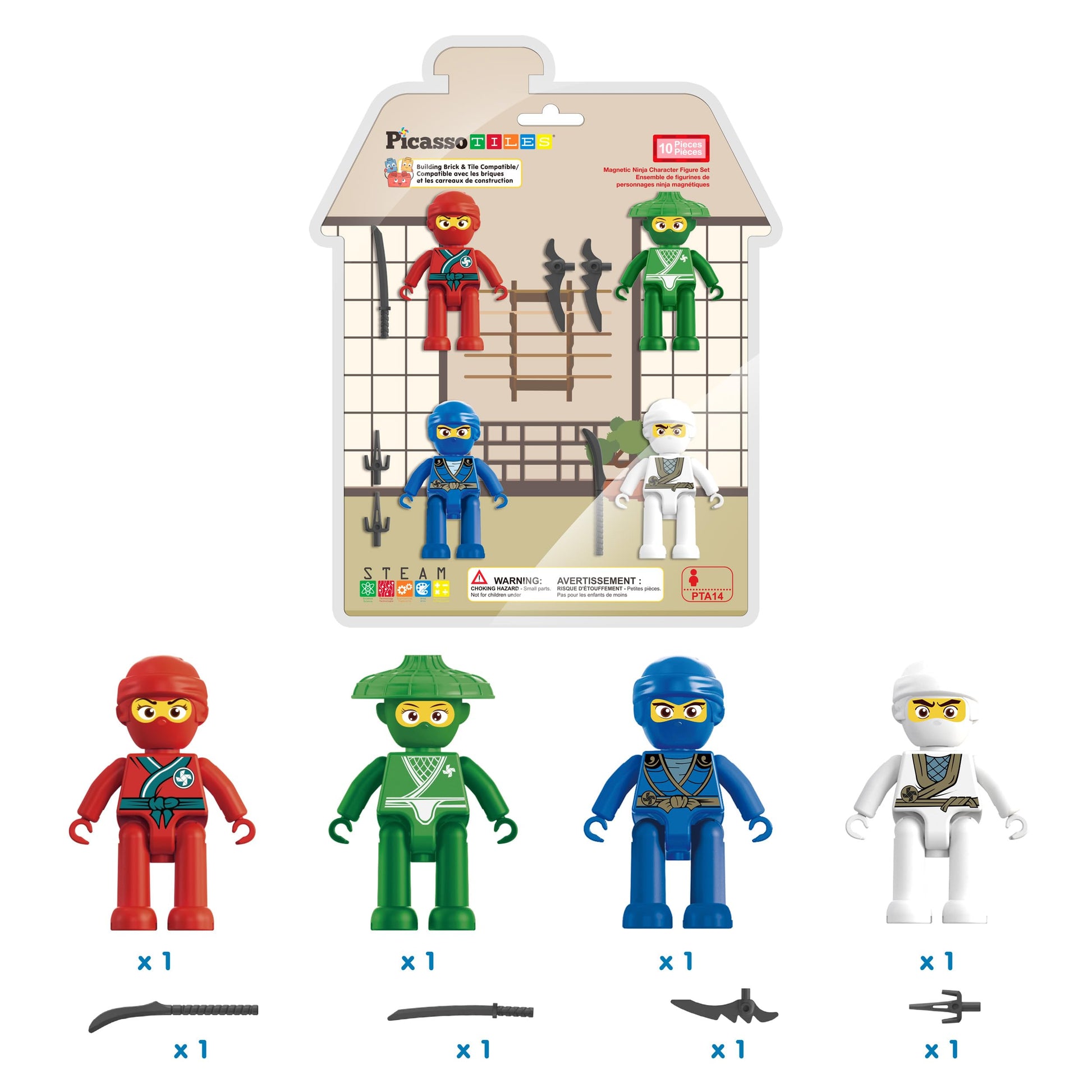 PicassoTiles Ninja Action Characters for Magnetic Tiles Building Block Toy Sets Accessory Add On Kit for Magnet Tile Playsets for Toddlers Boys Girls