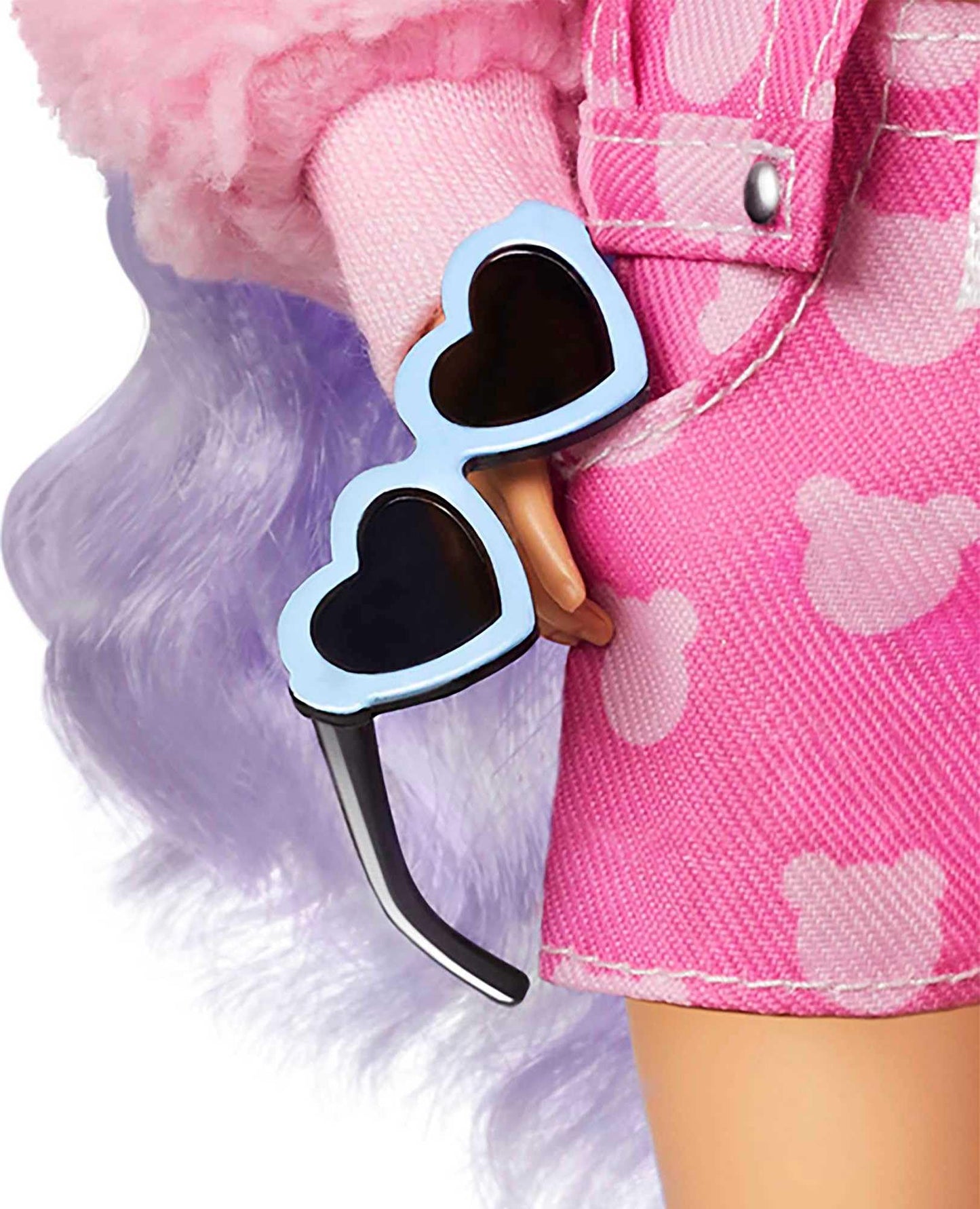 Barbie Extra Doll & Accessories with Long Periwinkle Hair, Teddy Bear-Print Denim Jacket, Matching Shorts & Pet Puppy