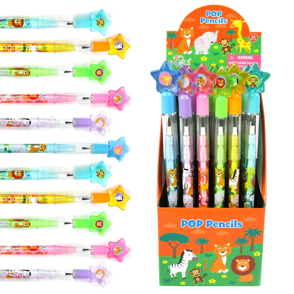 TINYMILLS 24 Pcs Safari Jungle Animals Stackable Push Pencil Assortment with Eraser for Party Favors Goodie Bag Stuffers VBS Classroom Rewards Pinata