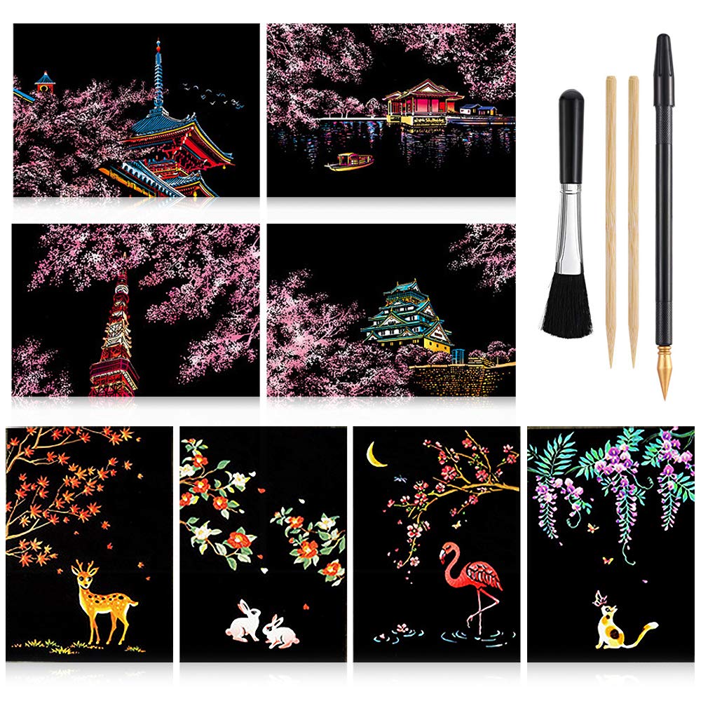 Scratch Paper Art Set, 8 Sheets Rainbow Painting Scratch Off Art Cherry Blossom & Animal Mini Postcard, Art Craft Supplies for Adults Girls & Boys