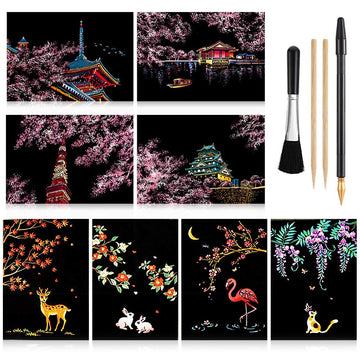 Scratch Paper Art Set, 8 Sheets Rainbow Painting Scratch Off Art Cherry Blossom & Animal Mini Postcard, Art Craft Supplies for Adults Girls & Boys