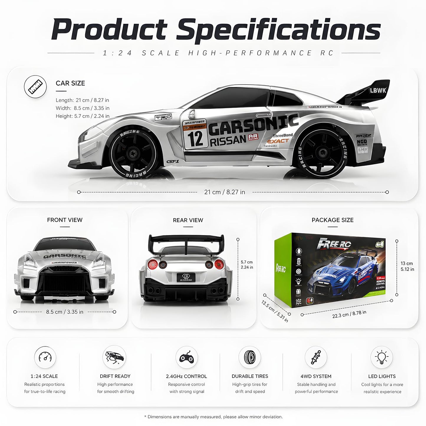XGUICHEEN RC Drift Car, 1:24 Scale Remote Control Vehicle with LED Lights,Drifting Tires?Two Batteries, Racing Sports Toy Idea Gift for Adults Boys