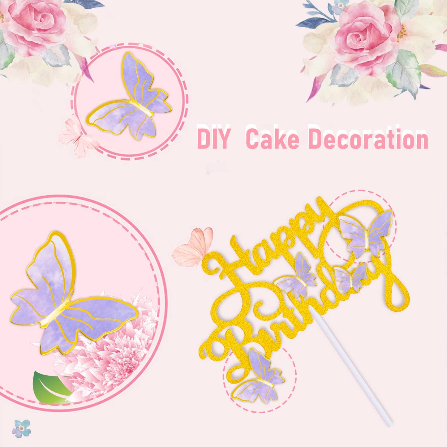 60Pcs Butterfly Cupcake Topper Pink Purple Gold Butterflies