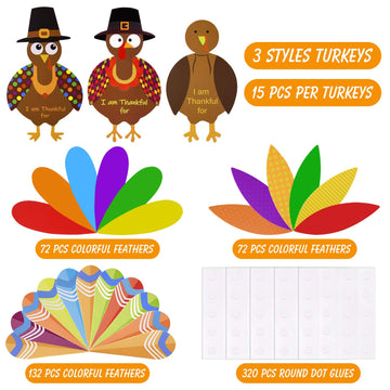 MIAHART 312 Pcs Thanksgiving Turkey Craft Kit DIY Turkey with Colorful Feathers and 320 Pcs Dot Glues Thanksgiving Stickers for Thanksgiving Party