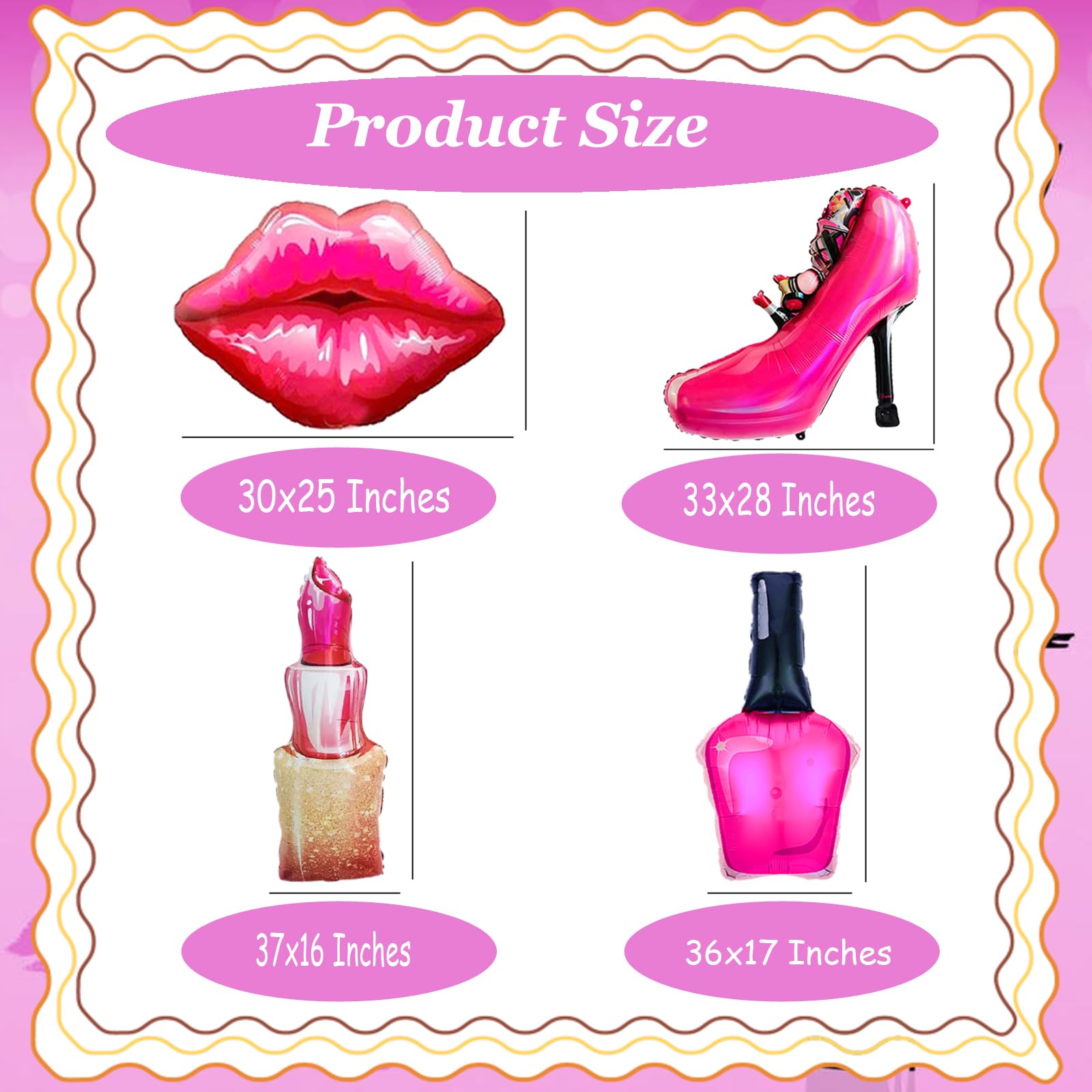 8Pcs Hot Pink Balloon Kit Red Lips, Lipstick, High Heels, Nail Polish Balloons Threenager Birthday Decorations Girl, Bachelorette Party, Girls Night