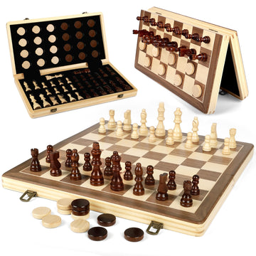 LEAP Magnetic Wooden Chess Checker Sets 15.5 inch Foldable Chess Board 3 inch King Height Chess Pieces, Upper Magnetic Checker Storage Slots