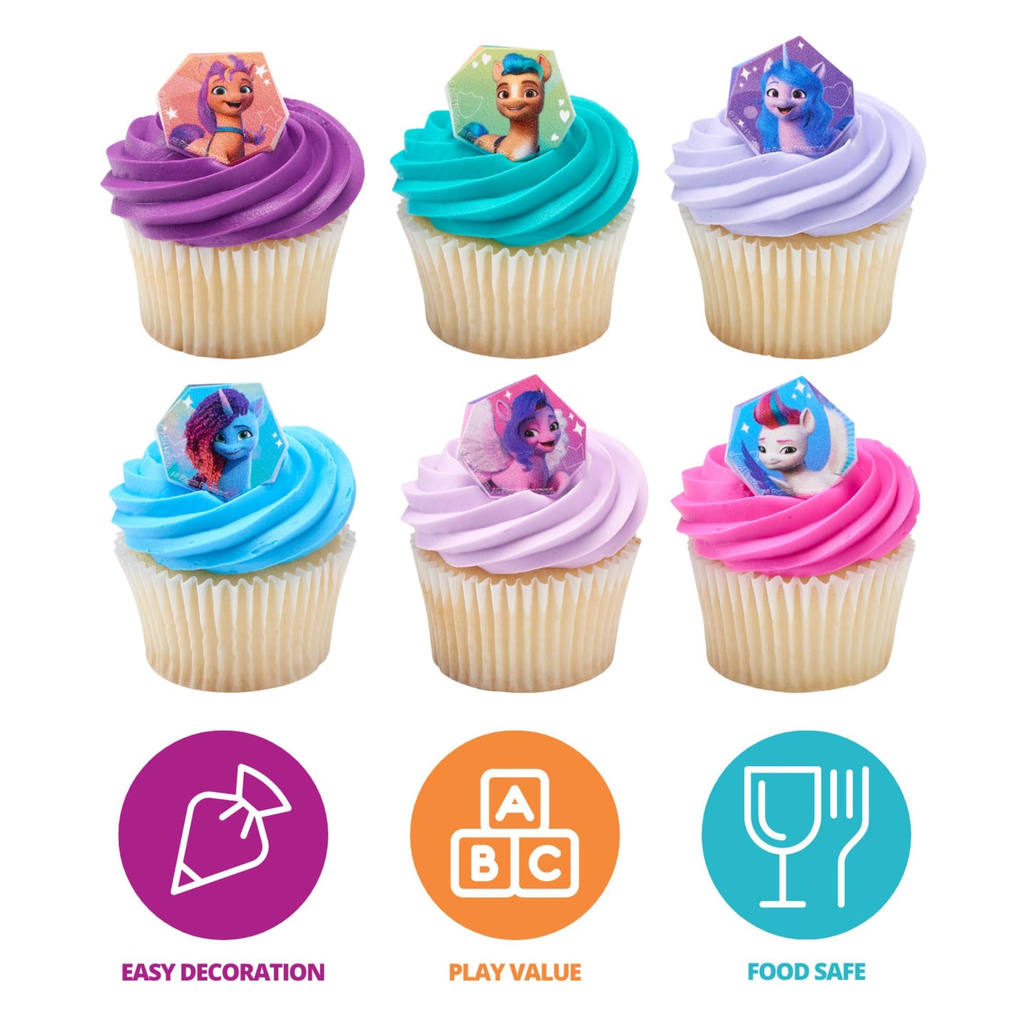 DecoPac My Little Pony Rings, 24 Cupcake Toppers Featuring 6 Designs, Food Safe Cake Decorations For Birthday, Party, Celebration - 24 Pack