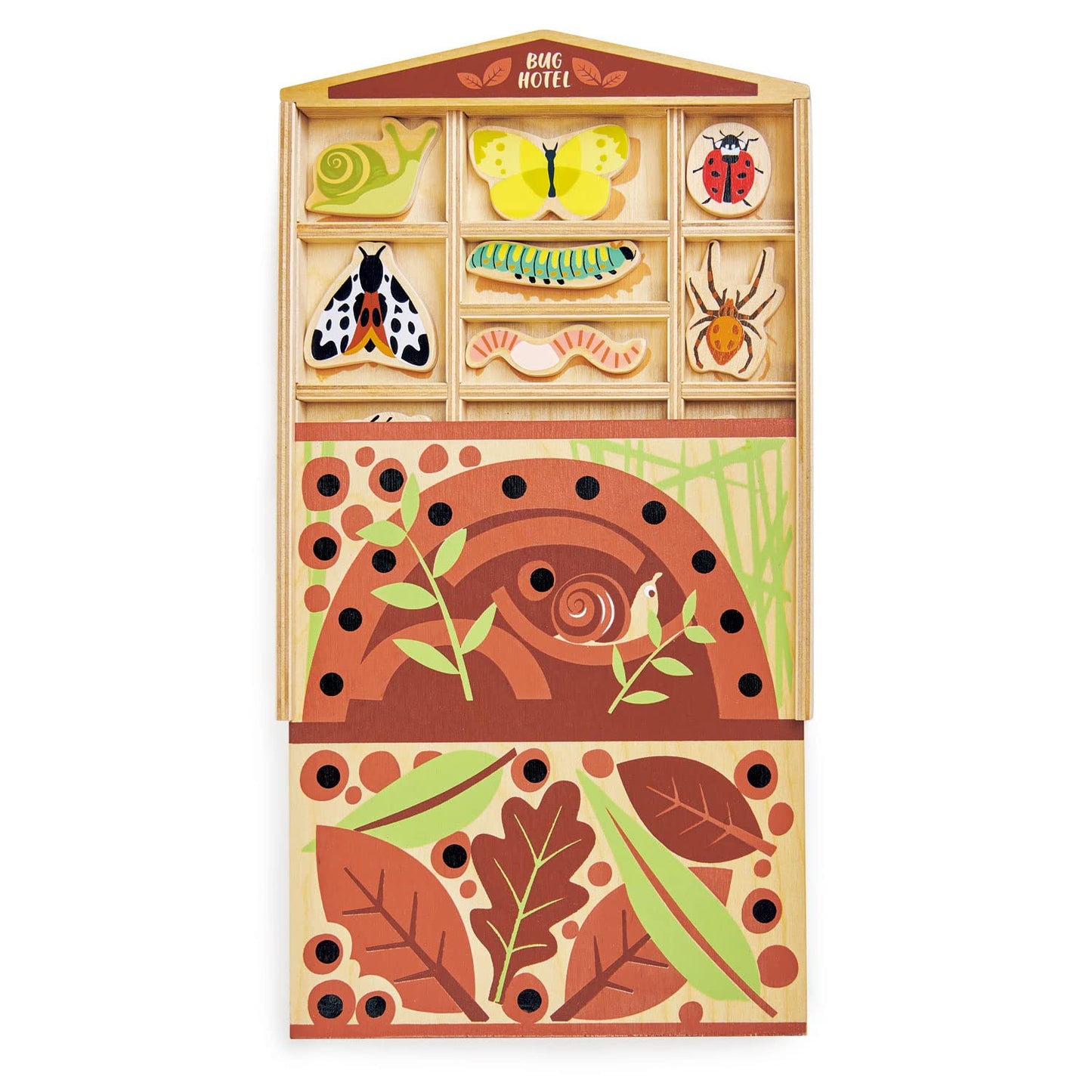 Tender Leaf Toys - The Bug Hotel - 13 Wood Garden Bugs with Shelving Unit and Front Panel - Made for Little Hands - Open-Ended Nature Play - Science