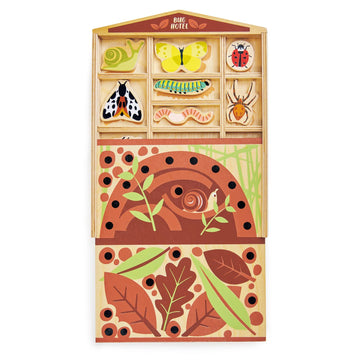 Tender Leaf Toys - The Bug Hotel - 13 Wood Garden Bugs with Shelving Unit and Front Panel - Made for Little Hands - Open-Ended Nature Play - Science