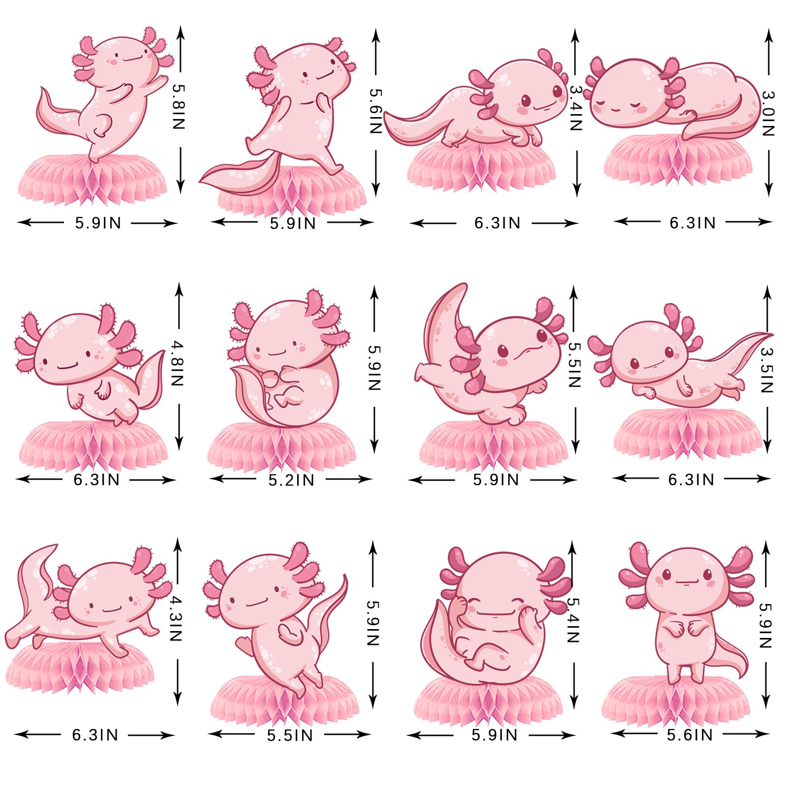 12Pcs Axolotl Happy Birthday Honeycomb Centerpiece Pink Glitter Aquatic Creature Pretty Hexagonal Dinosaur Party Decoration Coral Ocean Sea Fish