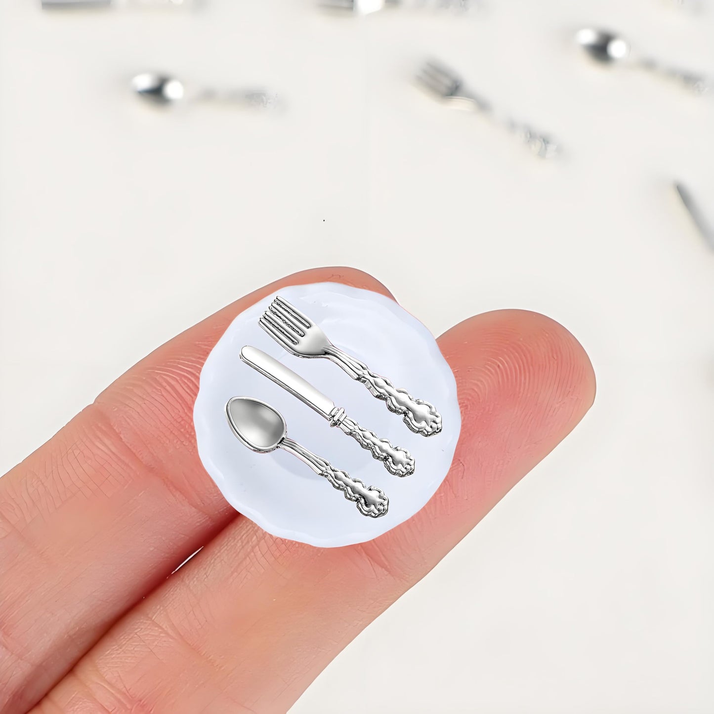 4Sets Kitchen & Dining Theme Miniature Dish Set - 1:12 Scale Plates,Spoons,Knife & Fork,Realistic Porcelain Tableware for Dollhouse,Miniature Dinner