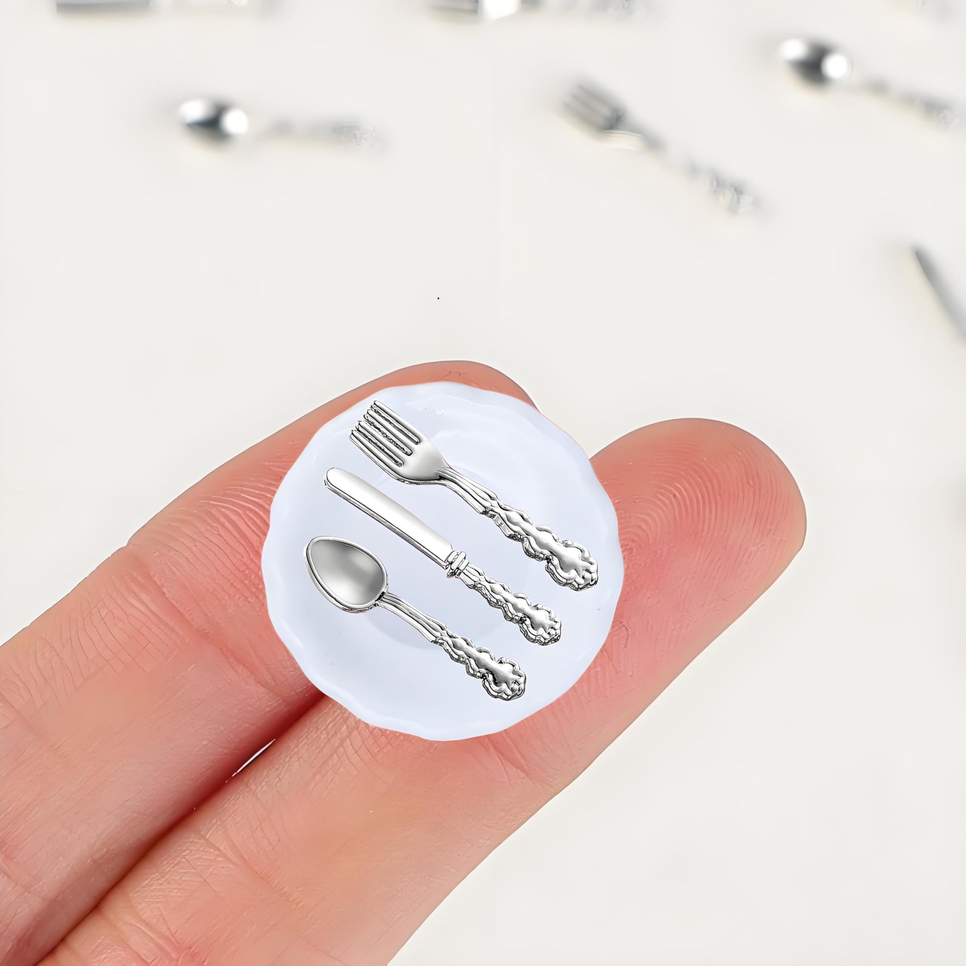 4Sets Kitchen & Dining Theme Miniature Dish Set - 1:12 Scale Plates,Spoons,Knife & Fork,Realistic Porcelain Tableware for Dollhouse,Miniature Dinner