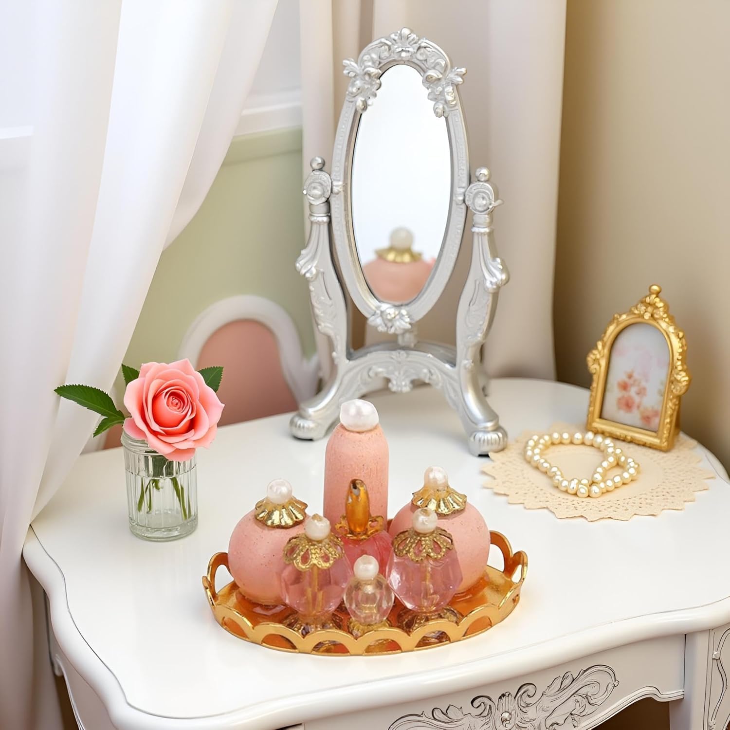 Pink Miniature Perfume Tray for Dollhouse, 1/12 Scale, Decoration Accessories, DIY Decor