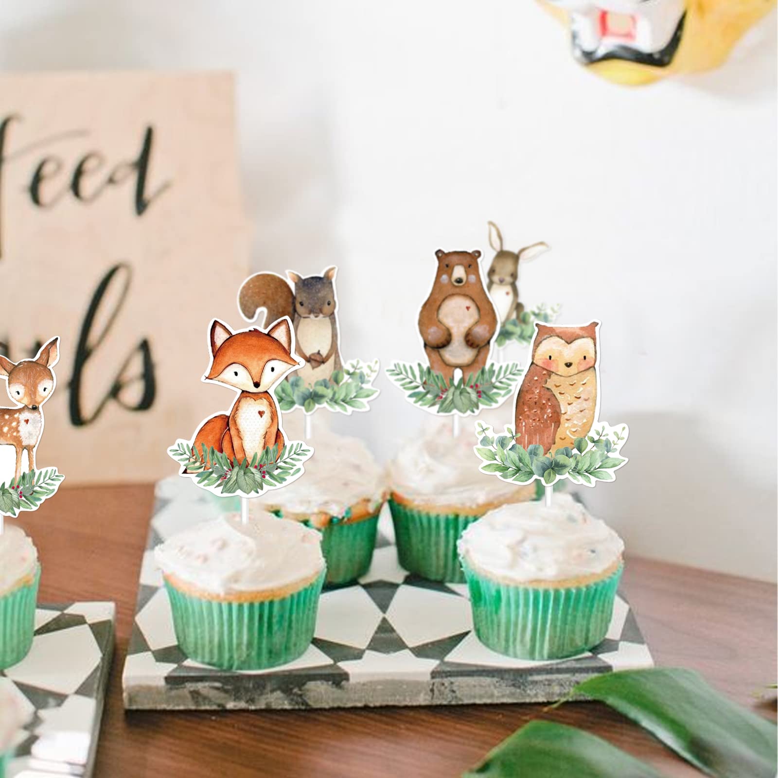 TTDQ 48pcs Woodland Cupcake Topper Animal Cupcake Toppers, Woodland Theme Baby Shower Decorations Woodland Creatures Baby Shower